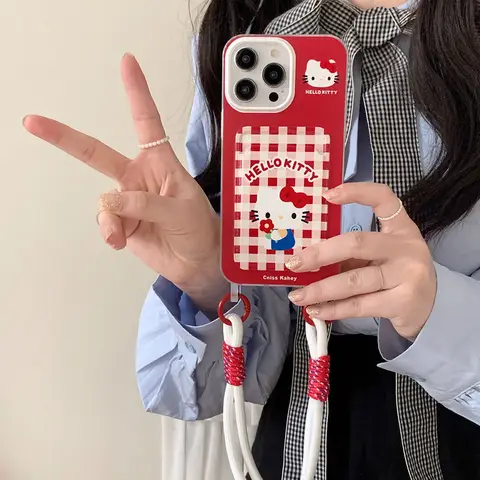 iPhone 16 15 Pro Max 14 Plus 11 12 Mini 13Pro X XS XR 7 8 SE के लिए Kawaii Kitty फैमिली कार्ड होल्डर कार्टून फ़ोन केस लैनयार्ड के साथ 8 best sales कास्टिफाई फोन केस - №1