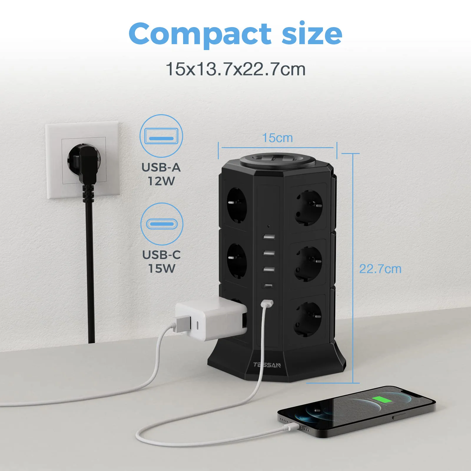 TESSAN Tower-Steckdosenleiste mit Mehrfachsteckdosen, 3 USB-Anschlüssen, 2 Typ-C-Anschlüssen, 2M Verlängerungskabel, Überspannungsschutz, EU-Stecker, Vertikale Elektrosteckdose – Detail 5