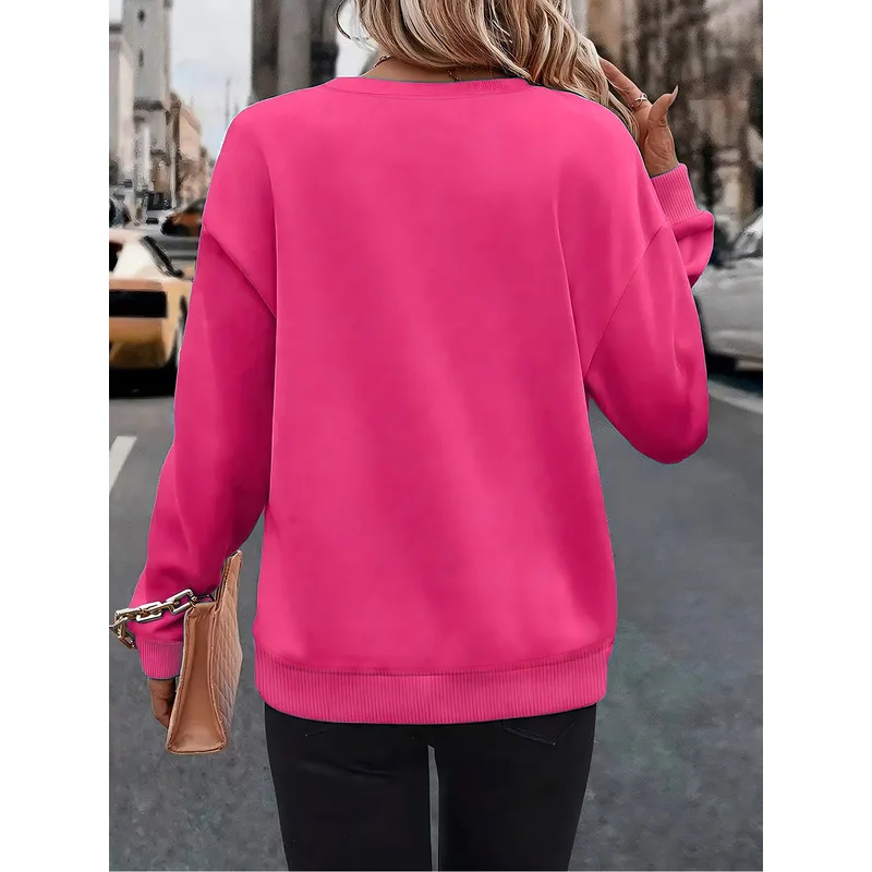 Women'S Lettered Round-Neck Fuchsia Sweatshirt, Long-Sleeved, Loose-Fitting for Autumn And Winter, Lined for Warmth