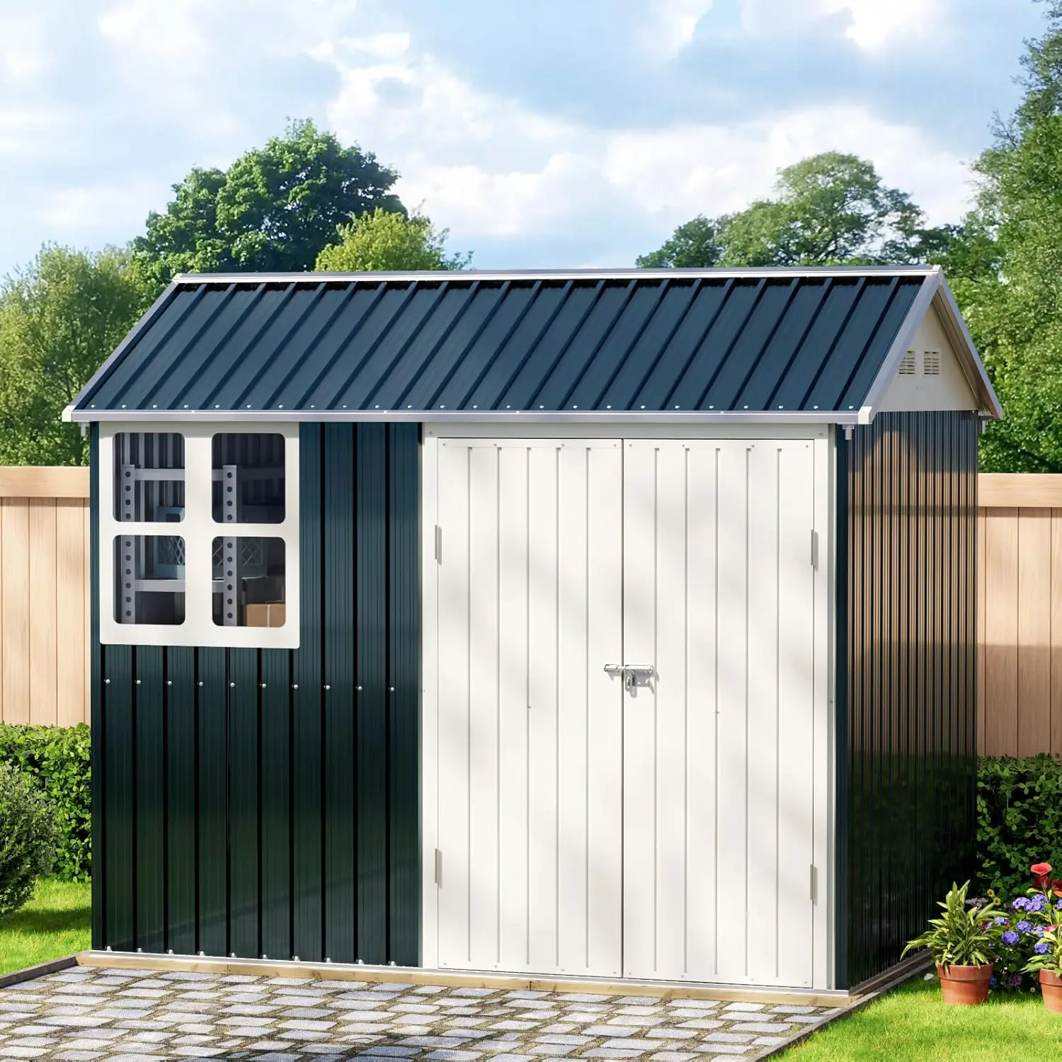 8X6FT Outdoor Steel Storage Shed with Lockable Doors, One Window,Ideal for Garden, Backyard, Patio Storage