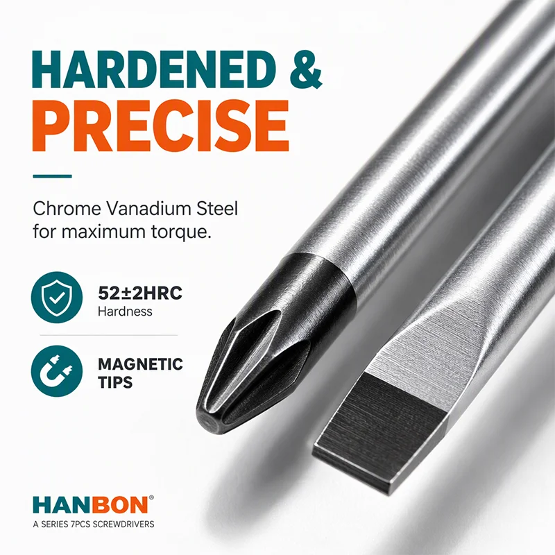 7Pcs Screwdriver Set, CR-V Steel Phillips Slotted Screwdrivers 3x75 5x150 6x150 8x200mm, 52 HRC Color Box