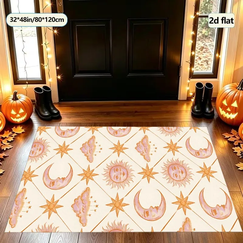 Velvet Rug Pink Face Sun Moon Star Print Retro Fantasy Style for Bedroom Entryway Living Room Decor