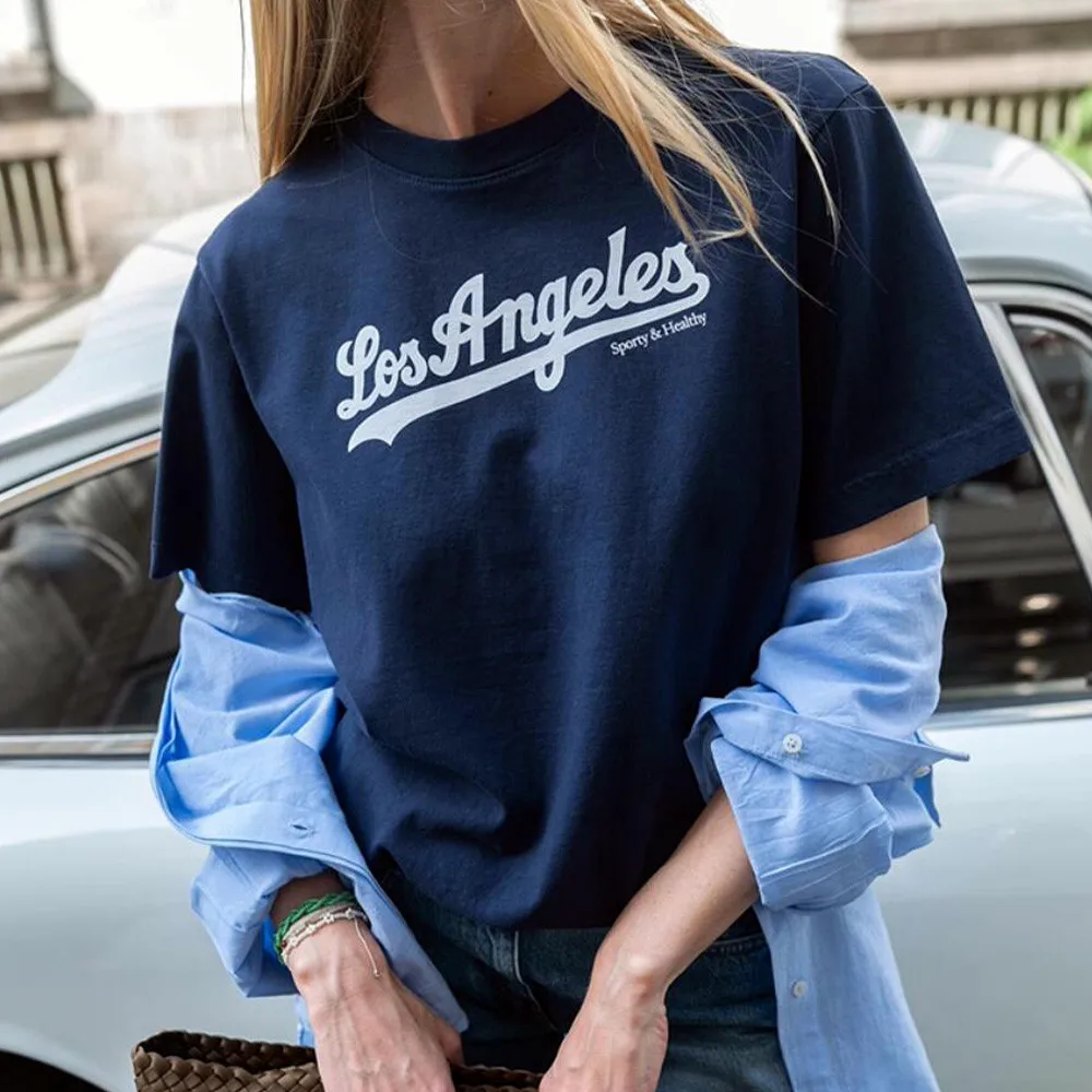 

Los Angeles Letters Printing Navy Women T Shirts Summer Vintage Style Loose Cotton Short Sleeve Tops Ins Fashion Crewneck Tshirt