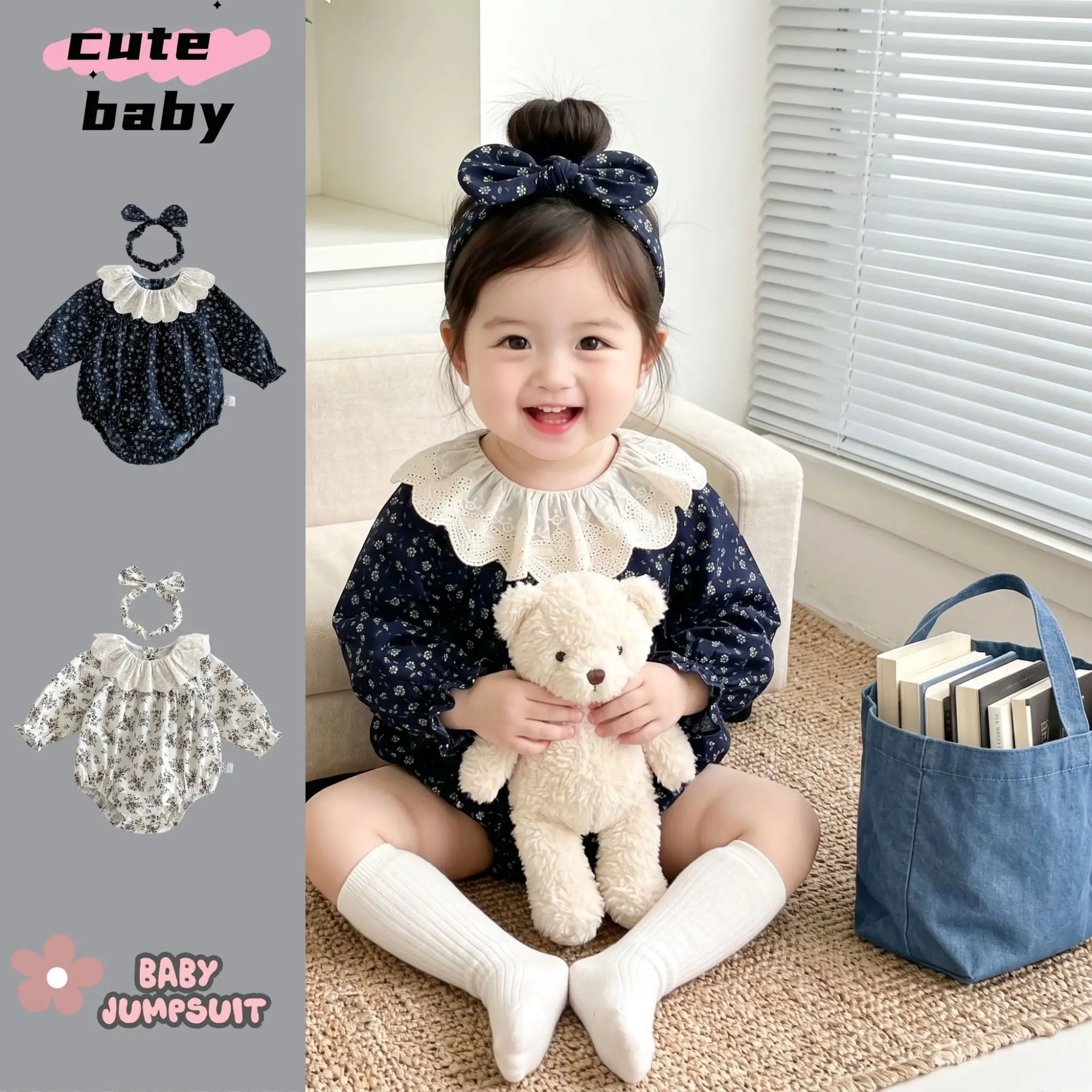 Girl Baby Korean Autumn Versatile Cute Baby Outfit Casual Children's Lace Lace Lace Collar Floral Long Sleeved Jumpsuit