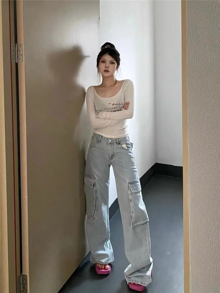 

American Retro High Street Light Blue Multi Pocket Workwear Jeans Women Loose Drapey Tall Extended Floor Length Pants