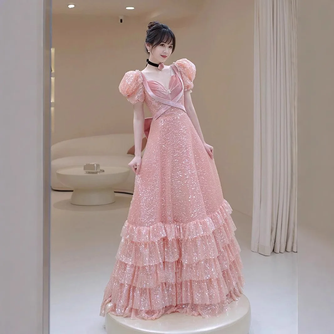 Sparkly Pink Long Prom Dress Sequine Ruffles Backless Bow Formal Birthday Party Gowns Robe De Soiree Vestidos Festa  Quinceanera