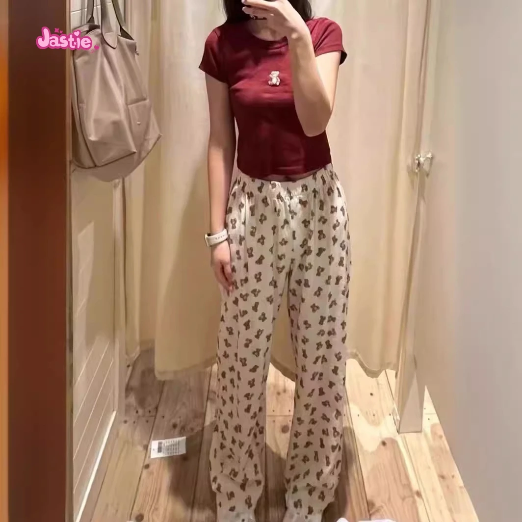 Bear Print High Waist Straight Leg Pants For Women Summer Cotton Casual Long Women's Pant Sweet Cute Woman Clothes Home Wear