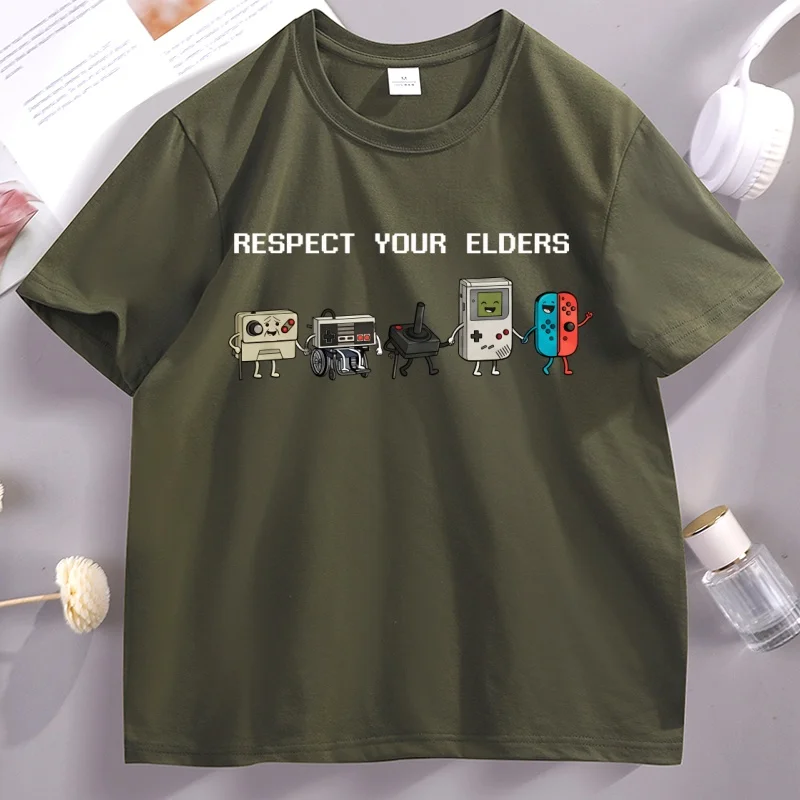 Vintage Respect Your Elders T Shirt Old Controller T-Shirt Retro Funny Grandpa Gamer Tshirt Gaming Tees O-neck Loose Clothes