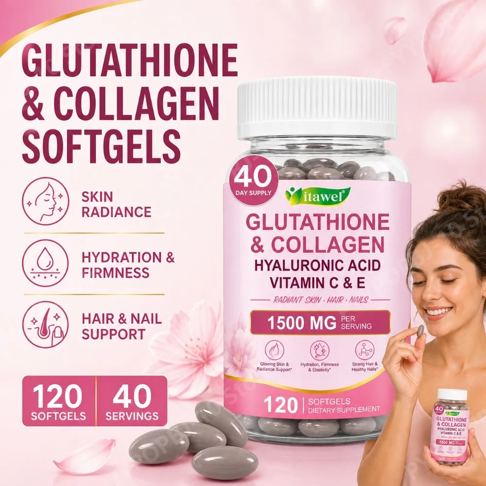 Glutathione Collagen Hyaluronic Acid Softgels 1500mg Glowing Skin Hydration Firmness Elasticity Hair Nails Biotin 120 Softgels