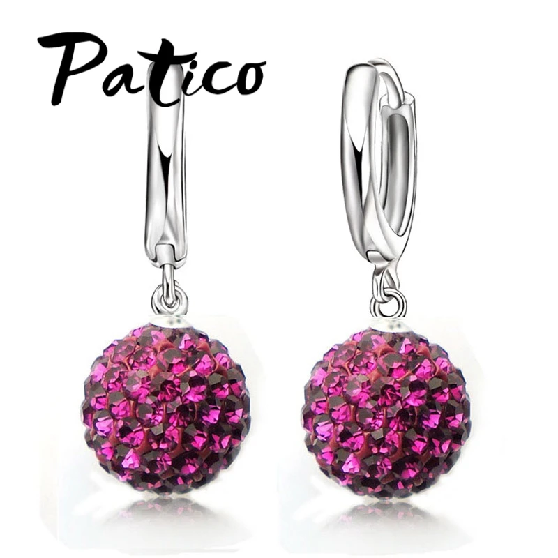Hot Sale Multi Colors 1 Pair Real Pure 925 Sterling Silver Austrian Pave Disco Ball Hoop Lever Back Earring Woman Jewelry