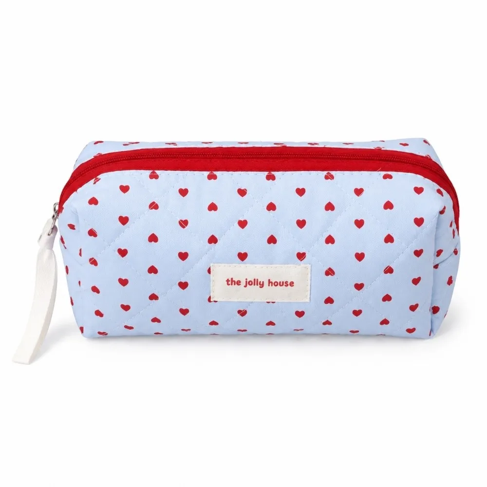 New Quilted Makeup Bag Large Capacity Heart Print Toiletry Pouch Blue Pen Bags For Women