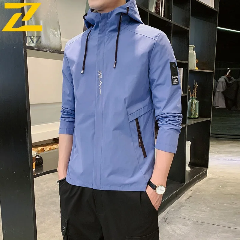 

2025 Мужская уличная ветровка с капюшоном, водонепроницаемая походная куртка, спортивная одежда на открытом воздухе, повседневная свободная ветрозащитная куртка на молнии