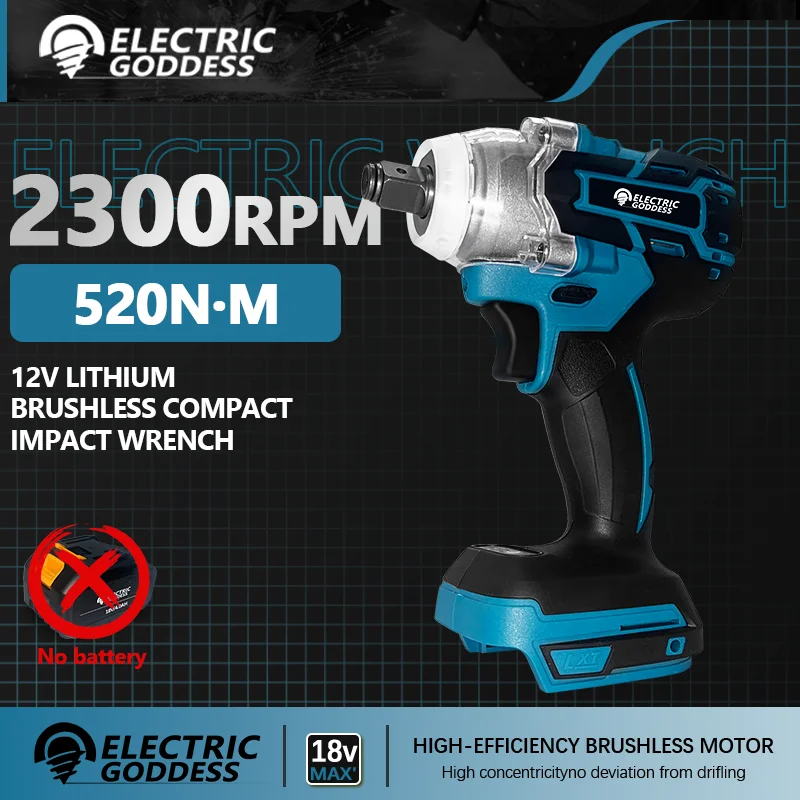 Electric Goddess DTW285 520N.M Brushless Impact Electric Wrench Cordless Rechargeable Car Repair Tools For Makita 18V Battery