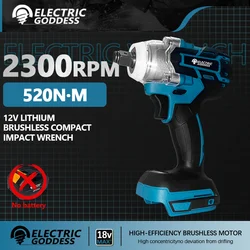 Electric Goddess 520N.M Torque Brushless Electric Impact Wrench Cordless 1/2 inch For Makita 18V Battery Screwdriver Power Tools