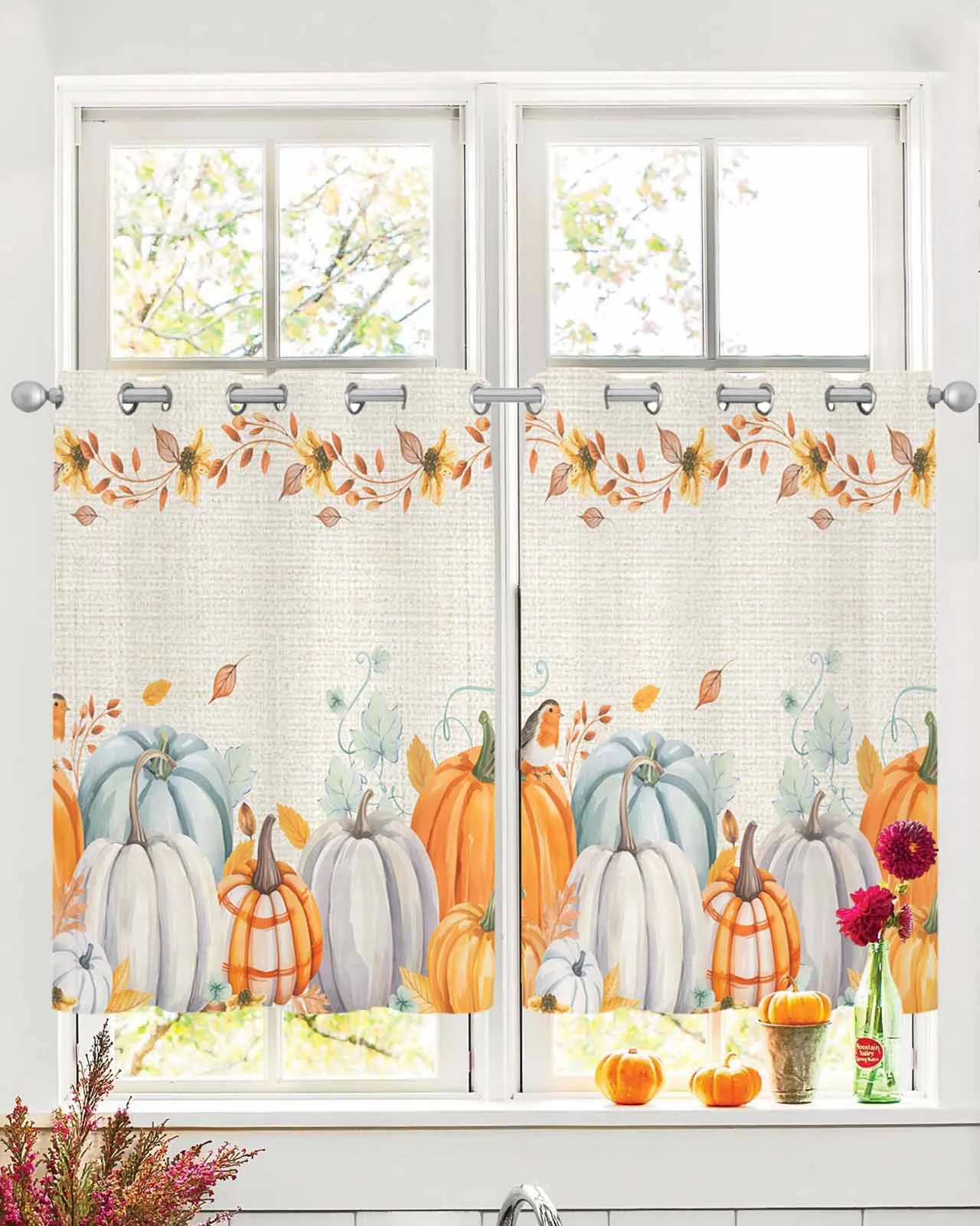 

2 шт., тюлевые оконные шторы, льняной фон, тыква, День Благодарения для гостиной, спальни, шифоновая прозрачная вуаль, оконная занавеска