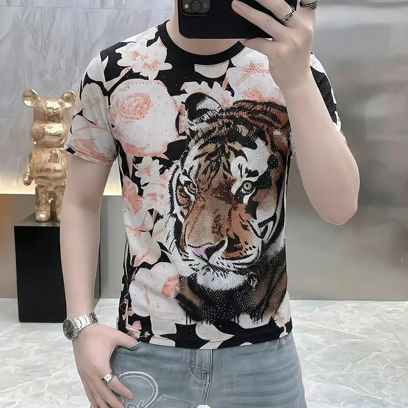 2026 Summer 3D Tiger Rhinestone T-shirt for Men Heavy Industry Design Ice Silk Breathable Casual T-shirt Business Social Tee