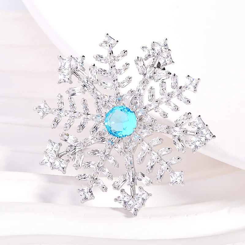 Chinese Style Auspicious Blue Snowflake Brooch Shiny Cz Inlaid Silver Tone Lucky Winter Pin For Women Coat Scarf Work Daily Wear