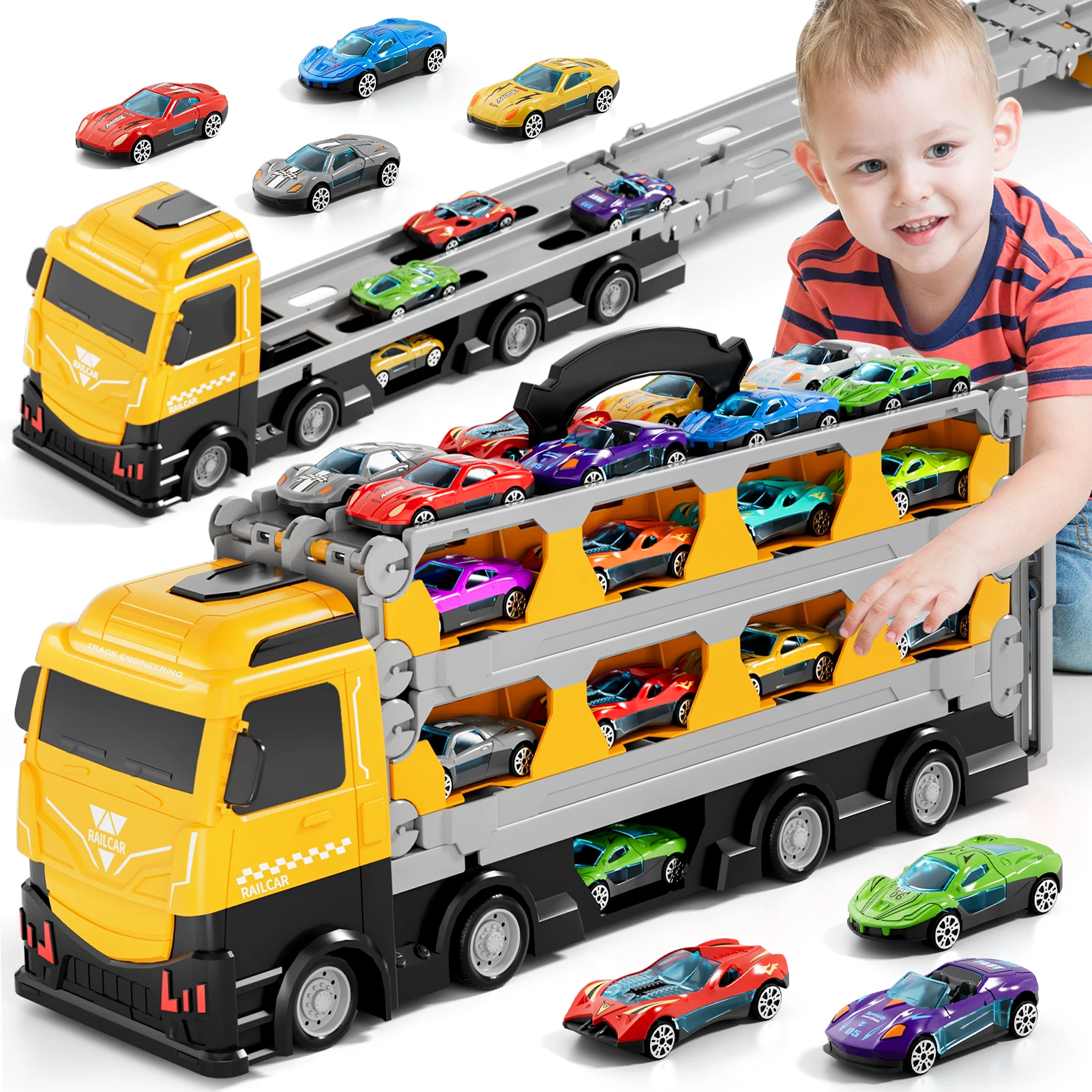 Grote auto's Transporter Truck Speelgoed Opvouwbare uitwerpen Legering Sportwagens 24-delige set Model Traagheidsvrachtwagens Geschenken Kinderen Educatief