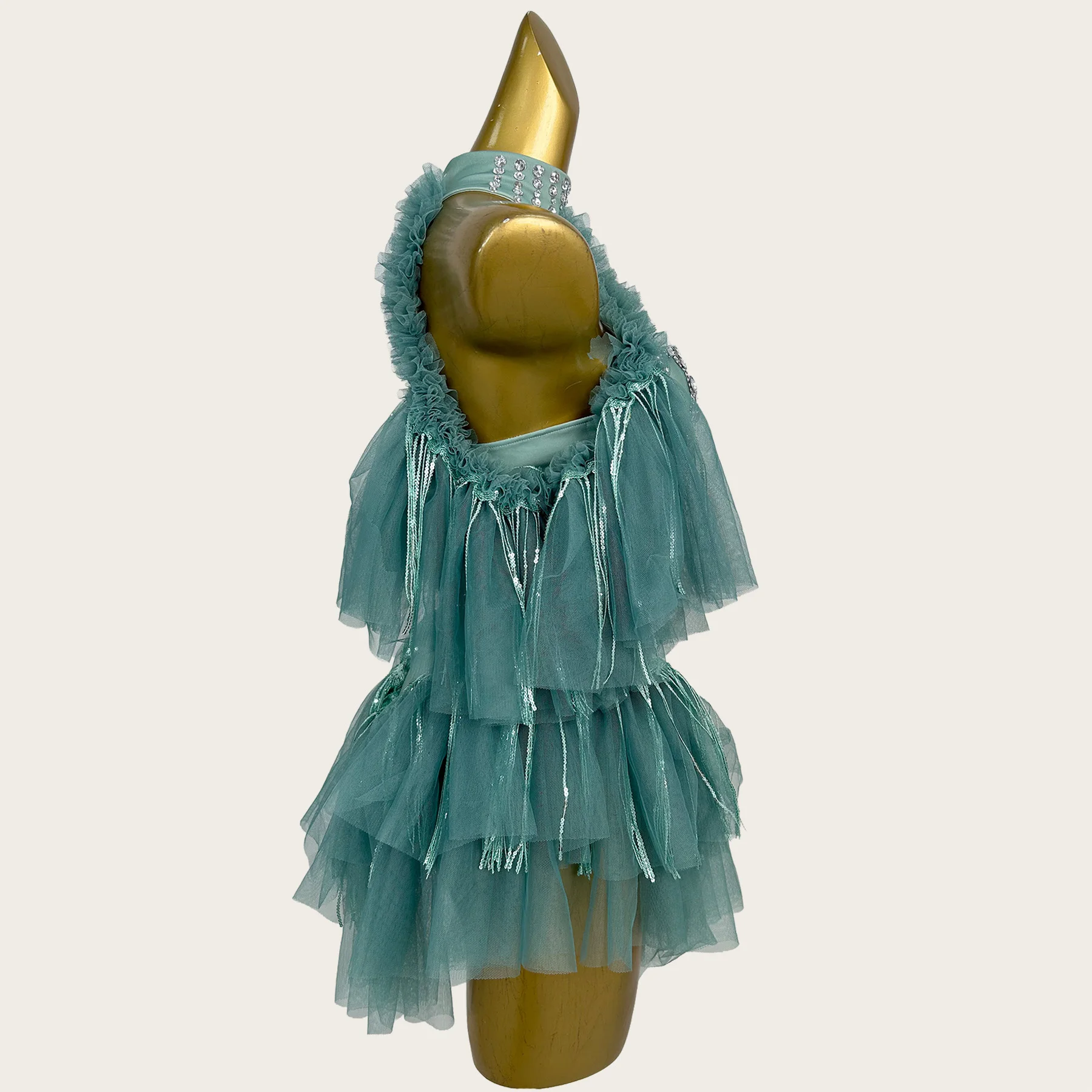 Green Tulle Bodysuit Sparkly Rhinestone Bust Mesh Crisscross Ruffle Tulle Sleeves Shiny Tassel Bodysuit Stage Dance Costume Bibo