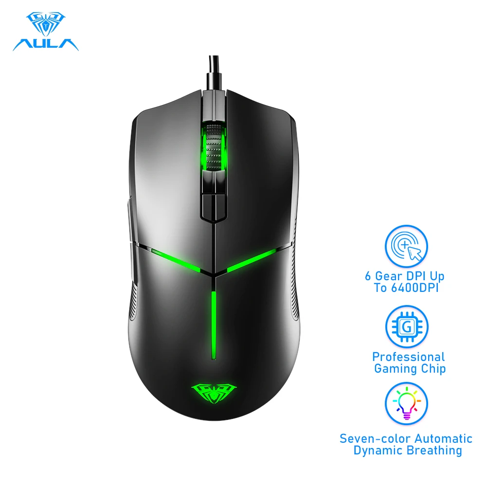 AULA F820 Gaming Mouse 6-speed DPI 6400 Ergonomic USB Optical Mouse Multiple Backlight Modes 6+1 Breathing Colors for PC