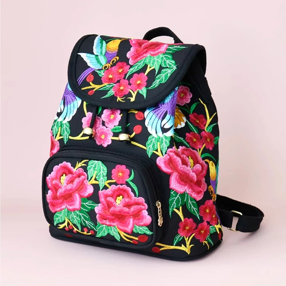 Flower Embroidery Pattern Women Backpack with Canvas Material and Drawstring Closure