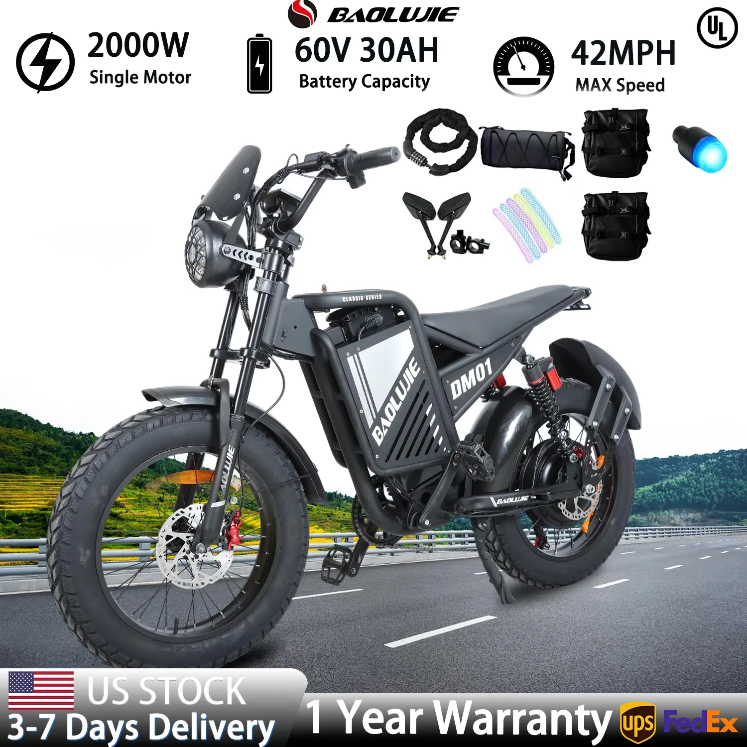 

BAOLUJIE DM01 Moto Adults Electric Bicycle 2000W Motor 60V 30AH E bike Mountain Bike 42MPH Electric Dirt Bike【1 Year Warranty】
