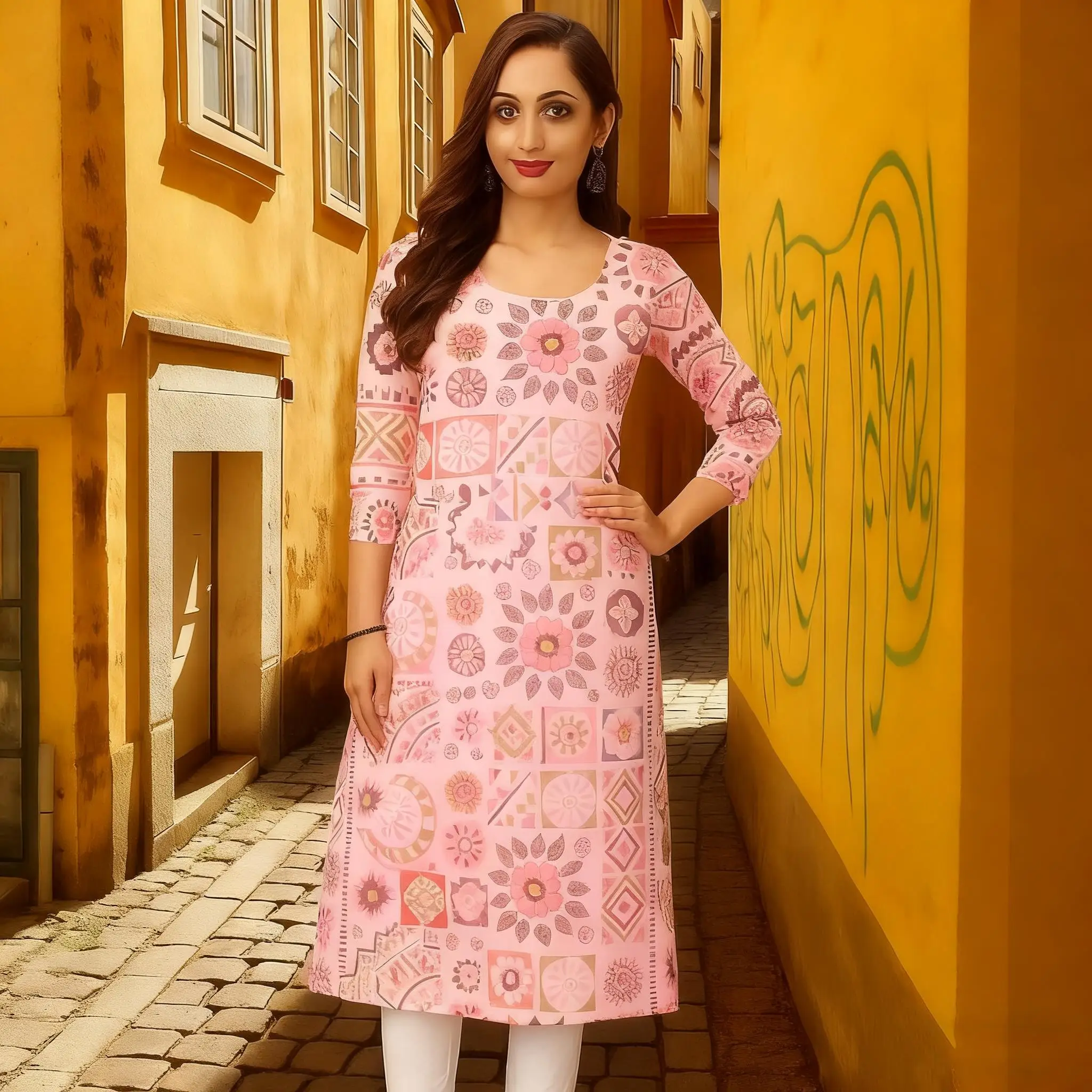 Muslim Women Kurt Fashionable Elegant Straight Tube Casual Flowers Pattern Slit Hem Comfortable Dress Abito Donna Musulmana