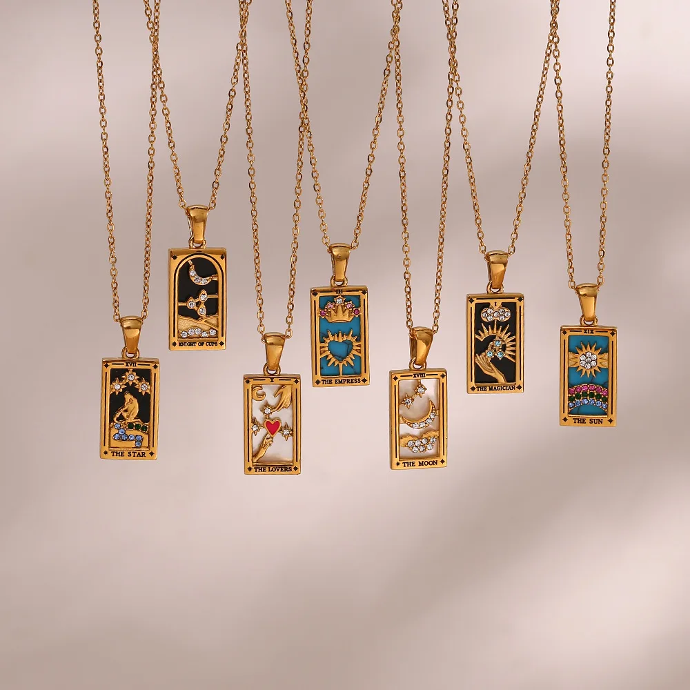 

Trendy Retro Tarot Pendant Necklace - Gold Plated Stainless Steel with Zircon Stones, Unique Oil Drop Design Jewelry Gift