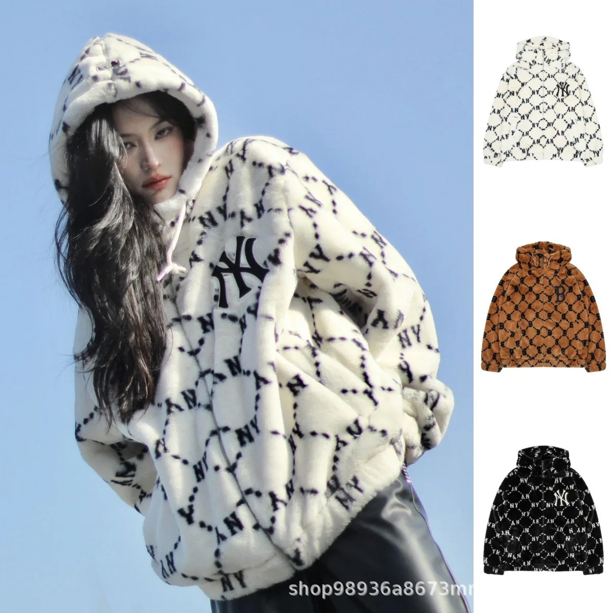 High Version Couple Rabbit Fur Vintage Printed Hooded Jacket NY Embroidered Warm Plush Top For Autumn And Winter