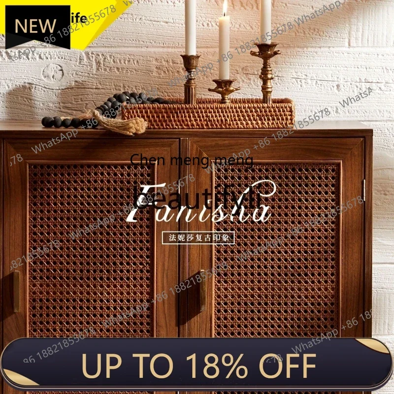 

P178 American-style Vintage Sideboard Cabinet Solid Wood Rattan Storage Cabinet Wall-mounted Entryway Partition Cabinet