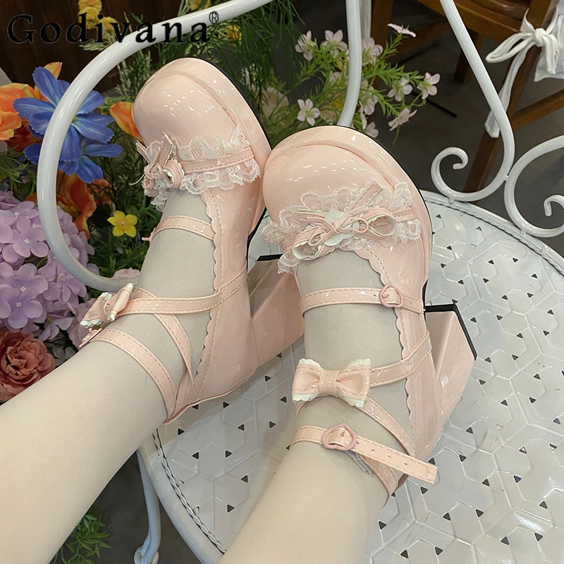 Round Toe Cross Strap Lolita Shoes for Girls Comic Con Ultra Sweet Single Shoes Women's Autumn Lace Bow High Heels Shoes
