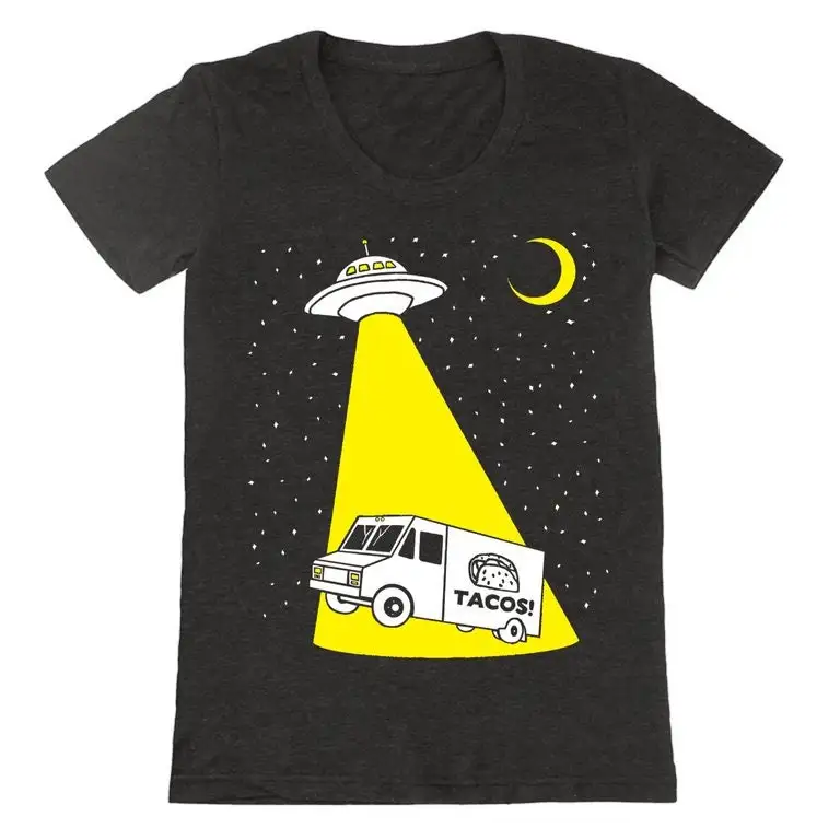 Taco Truck Abduction Womens T Shirt Girls Charcoal Tacos Alien Ufo Aliens Cute Funny Moon Beam Stars Retro Black Triblend