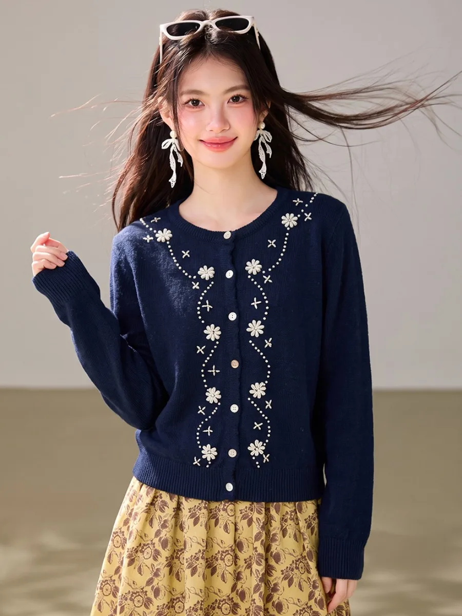 Elegant Floral Embroidery Long Sleeve round Neck Knitted Open Cardigan Women's Autumn 2026 New Loose Versatile Slimming Top