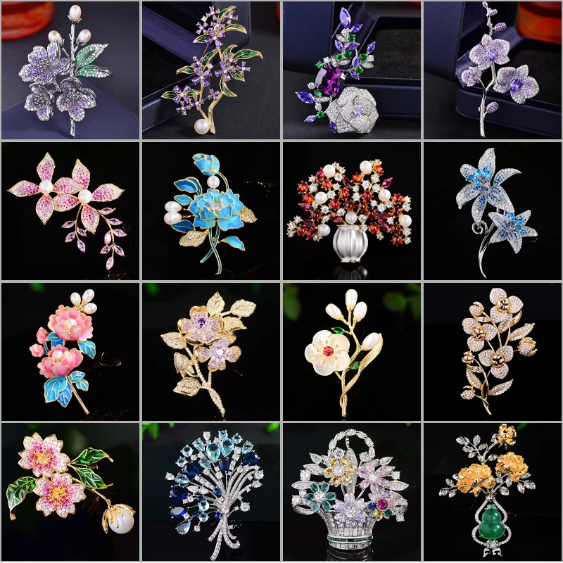 

New High-end Temperament Flowers Brooch Niche Design Luxury Zircon Flower Basket Corsage Clothing Fashionable Accessories Pins