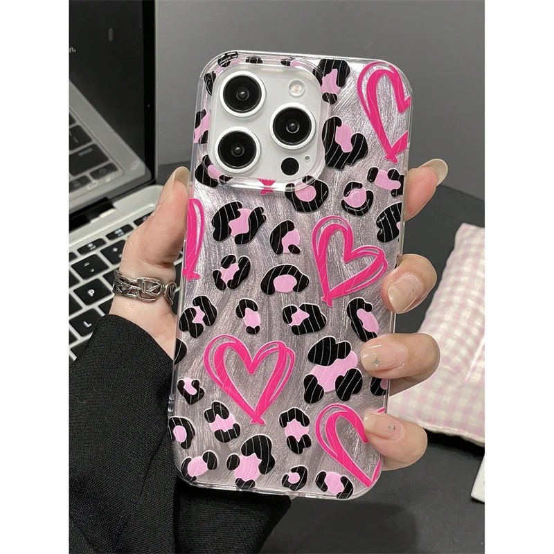 

Leopard print Pink Love Feather Phone Case For iPhone 16 15 13 14 12 11 Pro Max 7 8 Plus X XS XR SE 16E 16Pro IMD Laser Cover