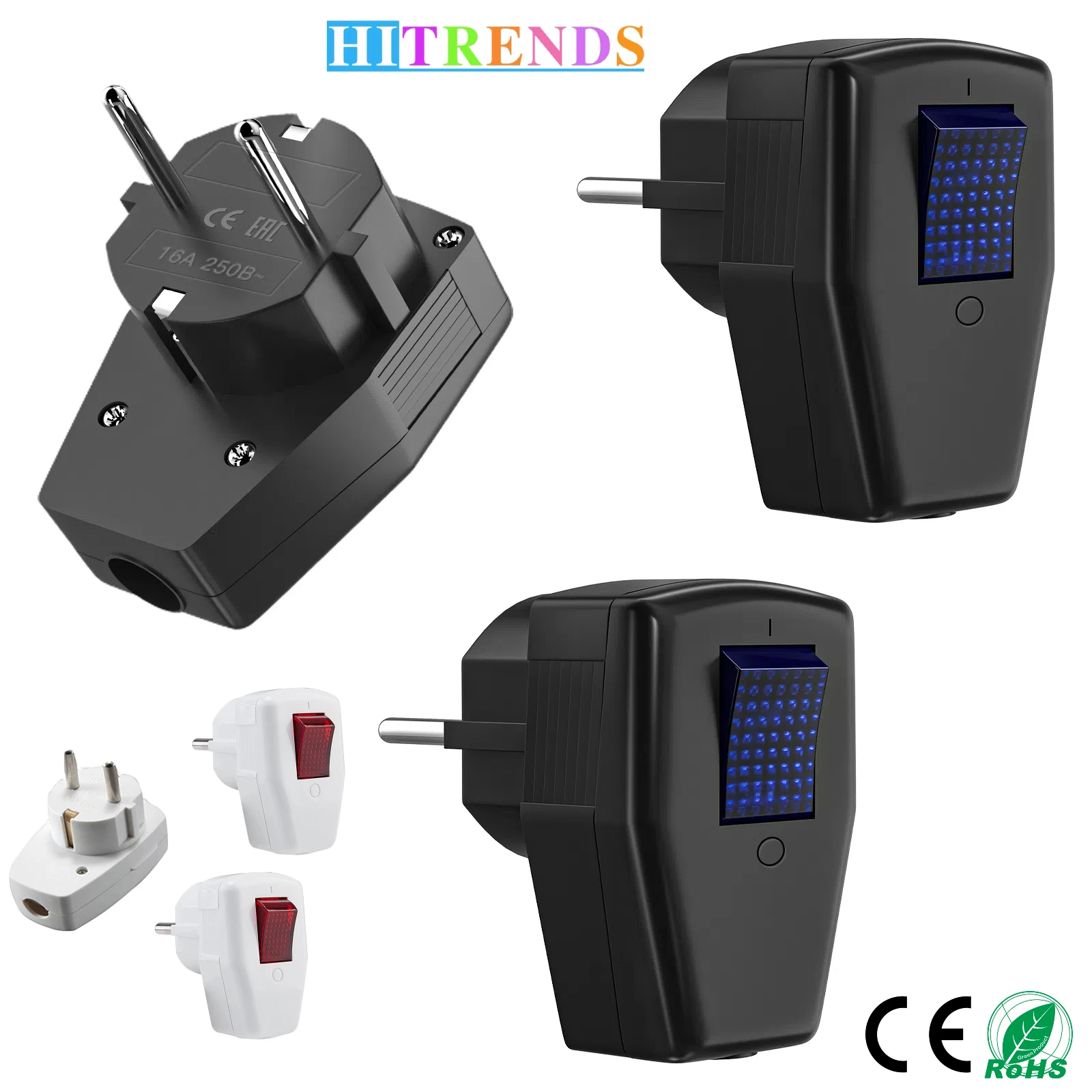 3-teiliger EU-Steckeradapter nach deutscher Norm, Schuko-Steckdosenadapter 10A 250V mit Anzeigeleuchte