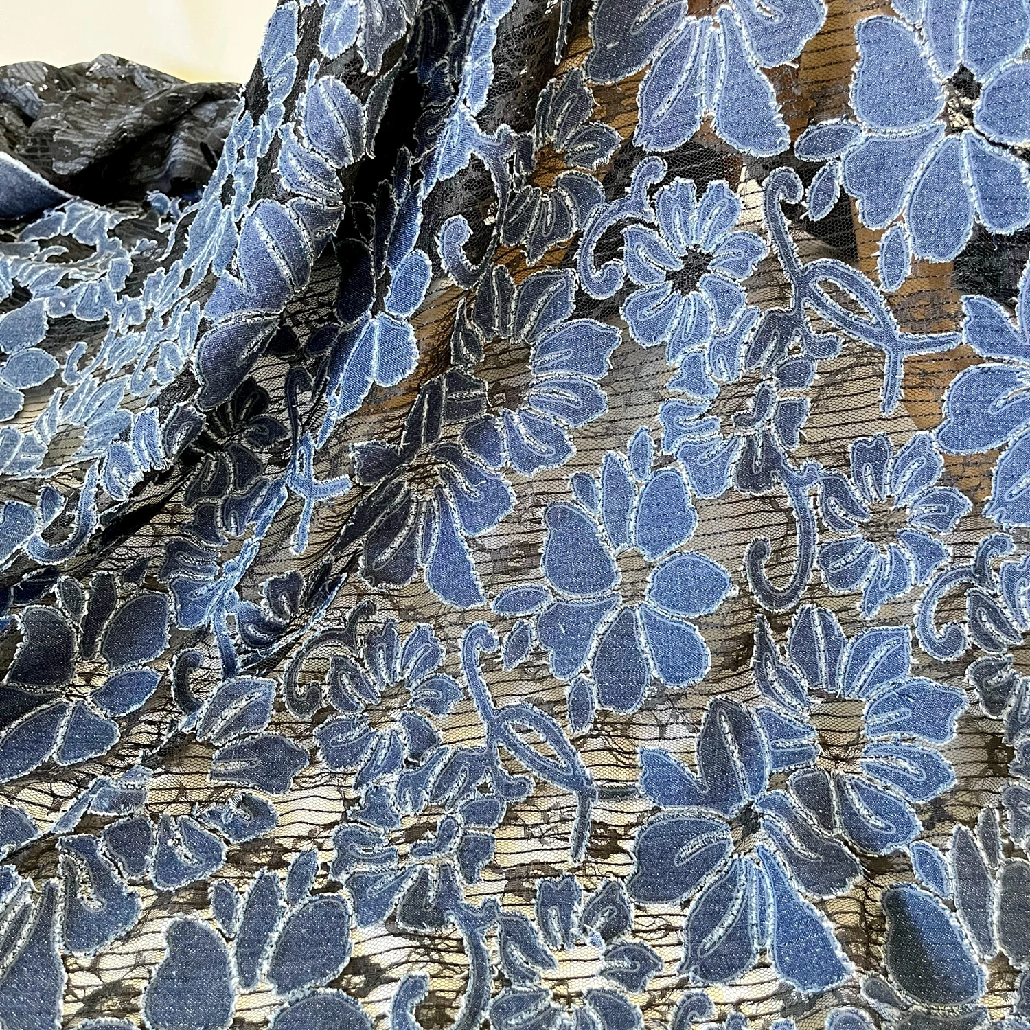 Elegant heavy burn flower petal denim embroidery lace fabric DIY fashion clothing fabric accessories X1049