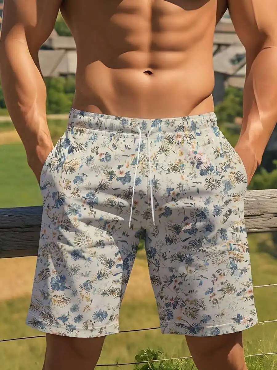 1pc Printed Design - Not Textured Men's Beach Shorts - Flat Digital Print Pattern - No Texture - Tropical Floral And Bird