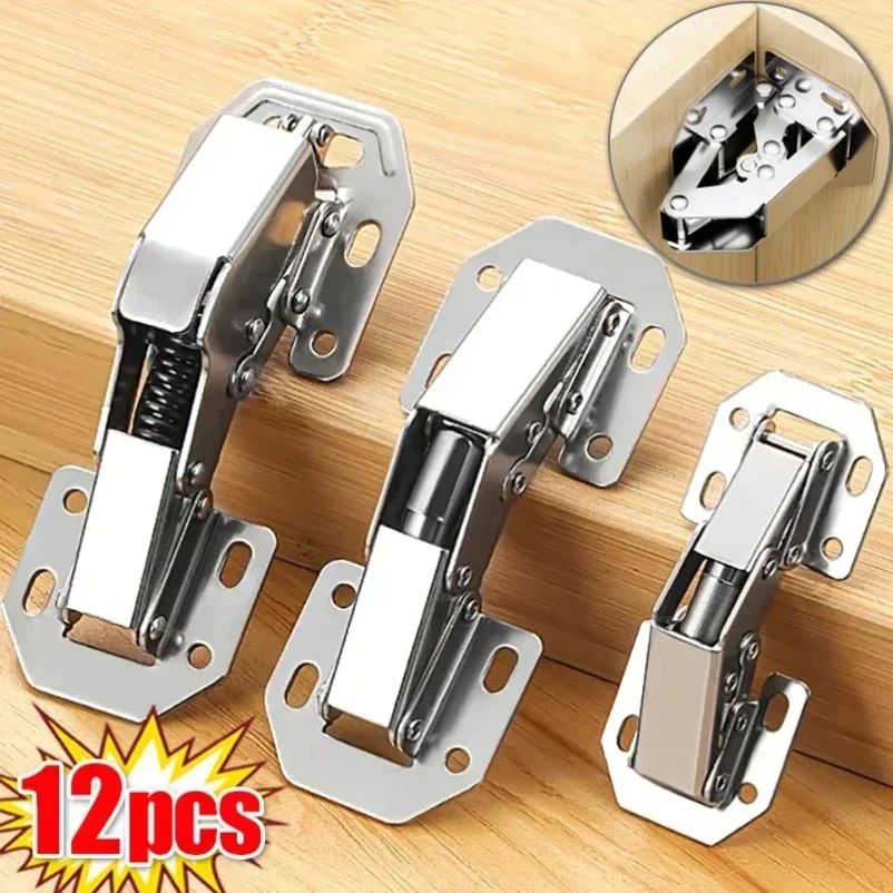 12-2PCS Stainless Steel Cabinet Hinges 90 Degree No-Drilling Hole Cupboard Door Buffer Hinges Furniture Cabinet Hardware Kits