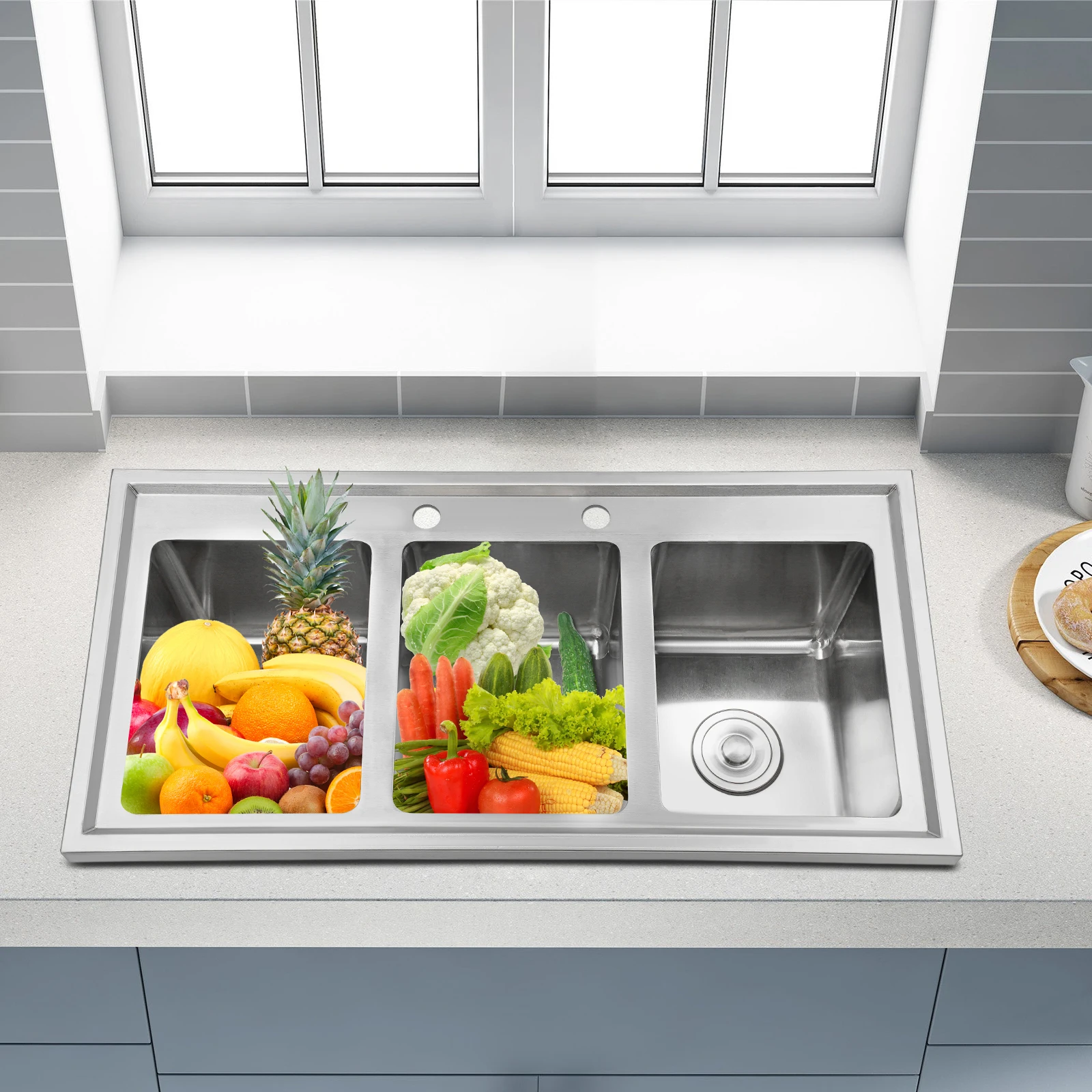 حوض مطبخ تجاري فضي مكون من 3 حجرات، حوض ثلاثي من الفولاذ المقاوم للصدأ 201، حوض إعداد بار 94 × 47 × 25.4 سم مع 3 أنابيب تصريف #6