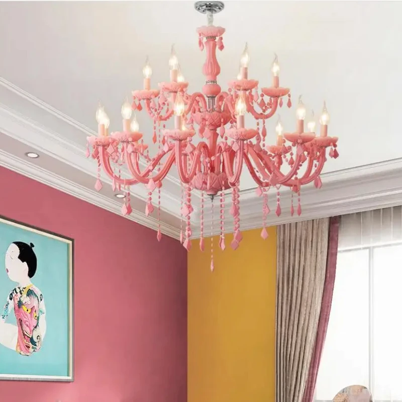 Modern Pink Chandelier Macaron Color Pendant Children Bedroom Lamp Creative Fantasy Luminaire Stained Glass Lustre