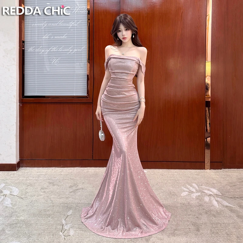 

ReddaChic Pink Glitter Women Party Dress Shirred Slim Fit Bodycon Fishtail Maxi Long Draped Tank Dress Coquette Summer Clothes