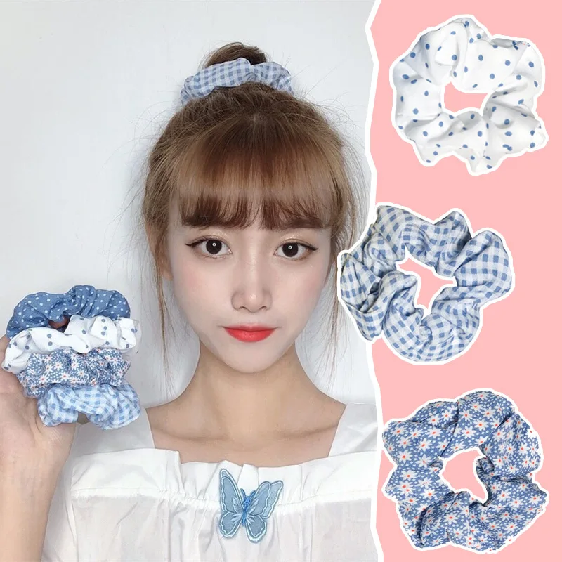 Korea Fashion Women Hair Scrunchie Elastic Hairbands Bule Plaid Ponytail Holder Dot Floral Printed Hair Ties Hair Accessories