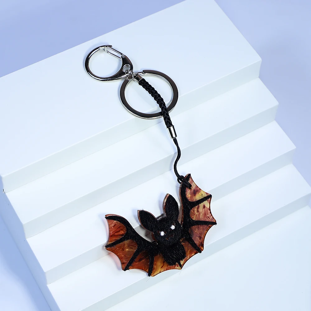 Handmade Arcylic Keychain Cute Animal Halloween Bat Stainless Steel Key Ring Key Chain for Women Girl Gifts Jewelry Accessories