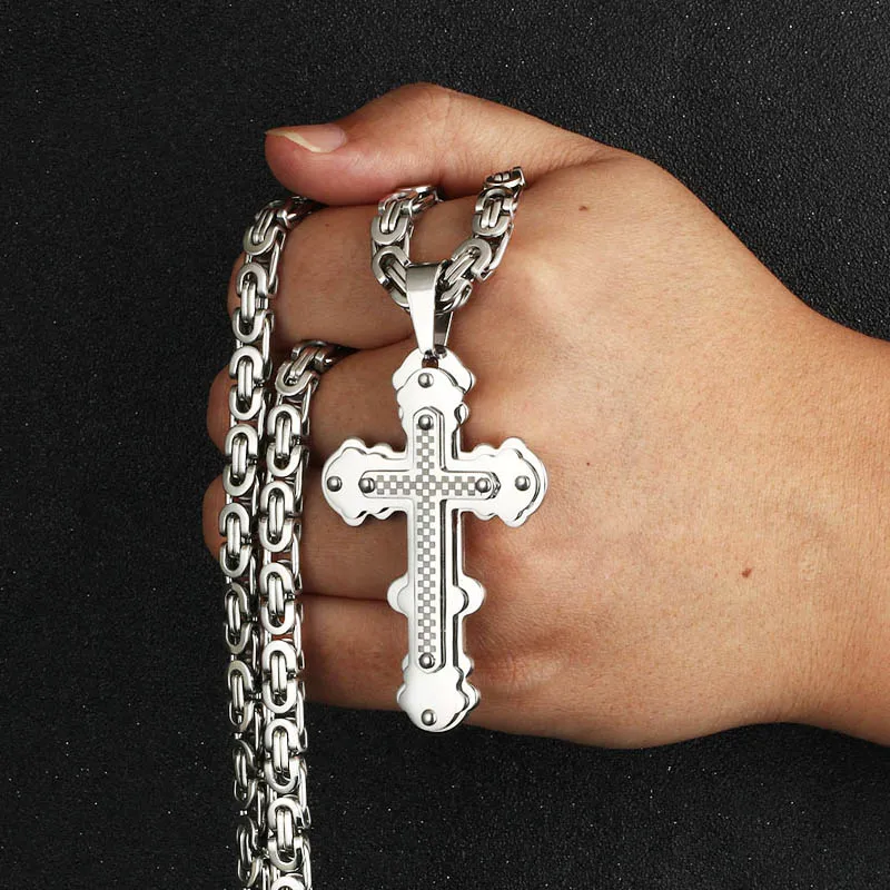 Orthodoxe Kreuz Anhänger Halsketten für Männer Edelstahl Katholischen Jesus Halskette Silber Farbe Byzantinische Ketten Männlichen Schmuck – Detail 7