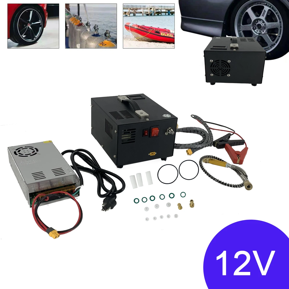 4500PSI 30Mpa PCP ضاغط الهواء المحمولة AC110V / DC12V مضخة ضغط مضخة سيارة مع محول نافخة الغوص الإطارات