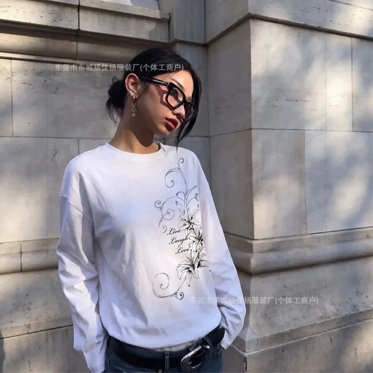Y2K Women 100% Cotton Long Sleeve T Shirt Sketch Lily Flower Live Laugh Love Slogan Print Loose Oversized Casual Streetwear Tees