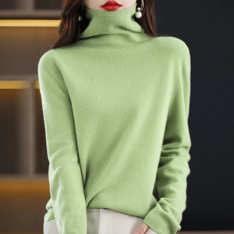 Women's sweater autumn/winter 100% pure wool sweater casual solid knitted Tops turtleneck pullover loose basic bottom Blouse