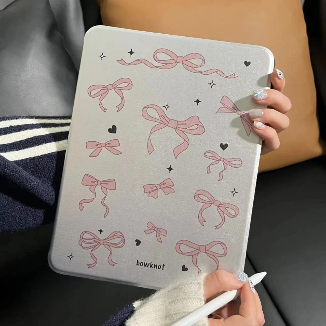 Silver Pink Bow LNew Tablet Case For iPad Pro 11 12.9in 13 M4 9.7 10.2 5/6th 7/8/9 10 11th MINI 6 7 Air 5 6 7 Trifold Case