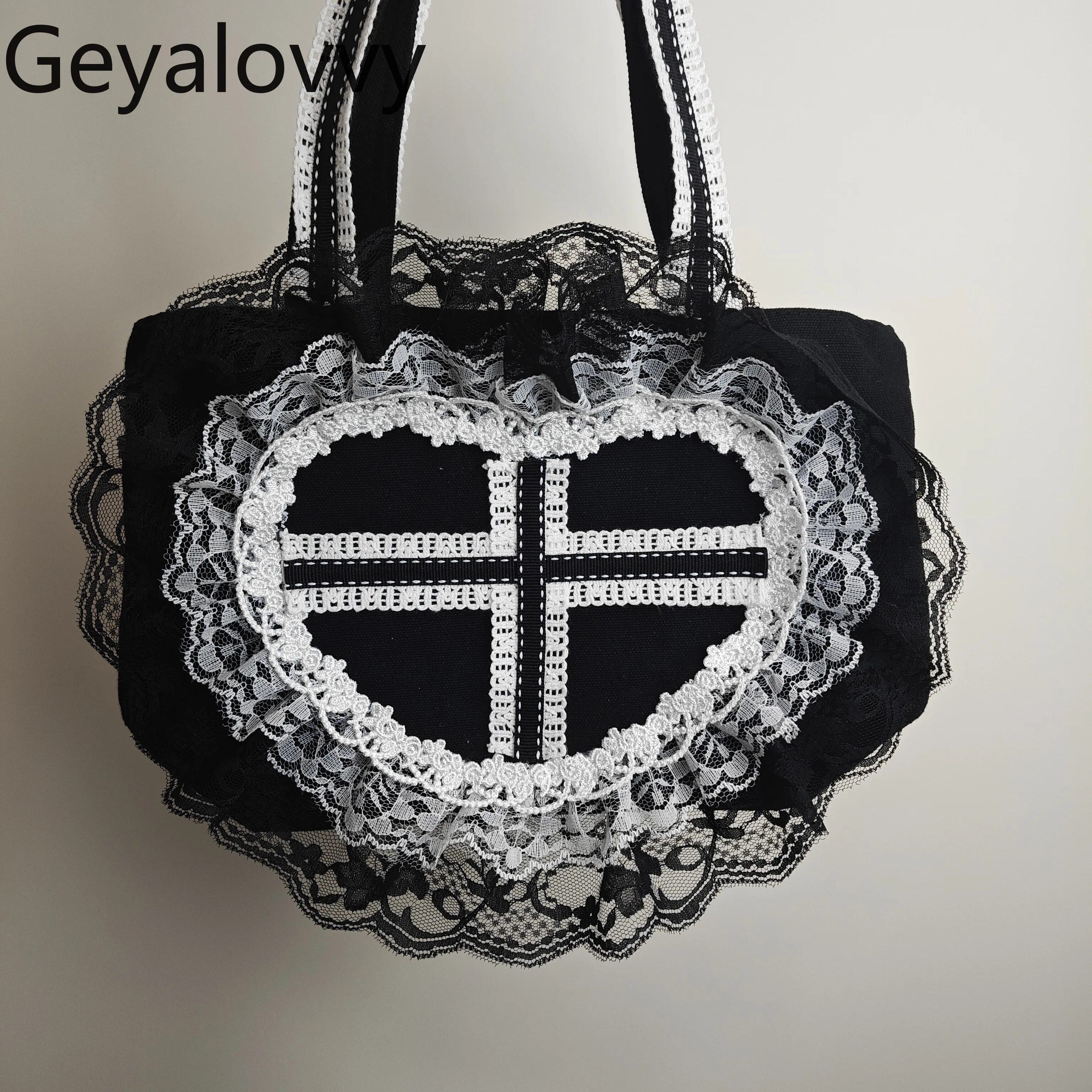 

Original Lolita Style Black and White Lace Canvas Bag Gothic Casual Handbag Fashion 2026 New Spring and Summer Women's Handbags